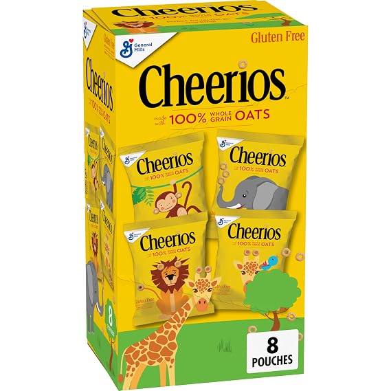 Cheerios Cereal Pouches, Whole Grain Oats, Gluten Free, 8 ct, 7.36 oz | Single-Serve Pouches, No Artificial Flavors or Colors, Ideal for Lunchboxes, Backpacks & Road Trips