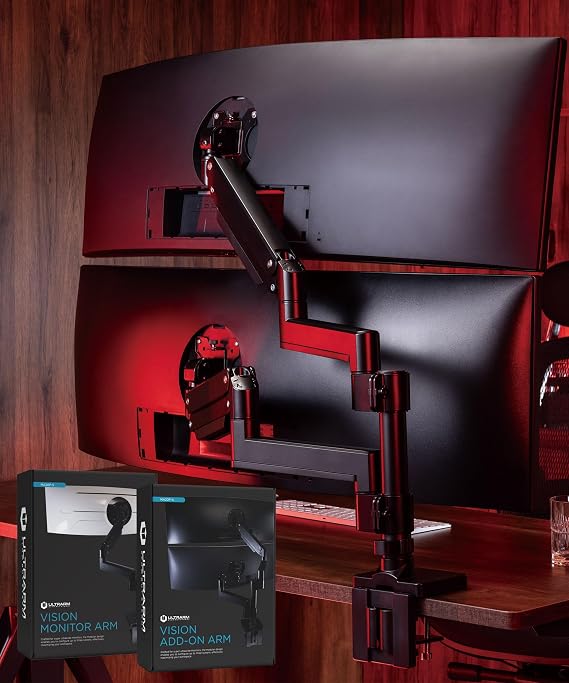 ULTRARM Heavy Duty Dual Monitor Arm for Ultrawide Monitors up to 57" and 44 lbs, Dual Monitor Stand for Dual 49" Vertical Stacked Monitor Mount Height Adjustable - 100x100 VESA Mount, Black, MA20P-D