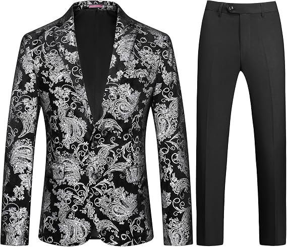 Mens Tuxedo Suit Slim Fit 2 Piece Paisley Prom Dress Suit Blazer Pants Set | Shiny Floral Blazers Jacket, Paisley Pattern, Elastic Waistband Pants, Prom Weddings Dinner Party Formal Occasions