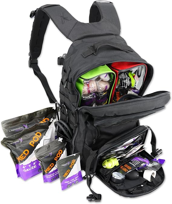 Lightning X Stocked Modular Trauma & Bleeding First Aid Responder Medical Backpack + Kit - Black