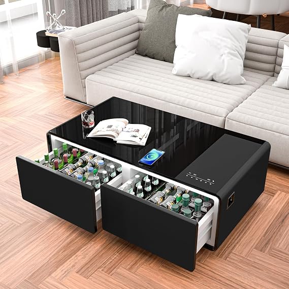 Smart Coffee Table with Fridge and Bluetooth, LT135-Black