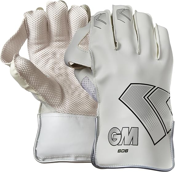 Gunn & Moore GM | Cricket Wicket Keeper Keeping Gloves | 606 | PU Lining & Pimple Rubber Palm | PU Faux Leather Back of Hand | 1 Pair | White & Black with GM | Logo