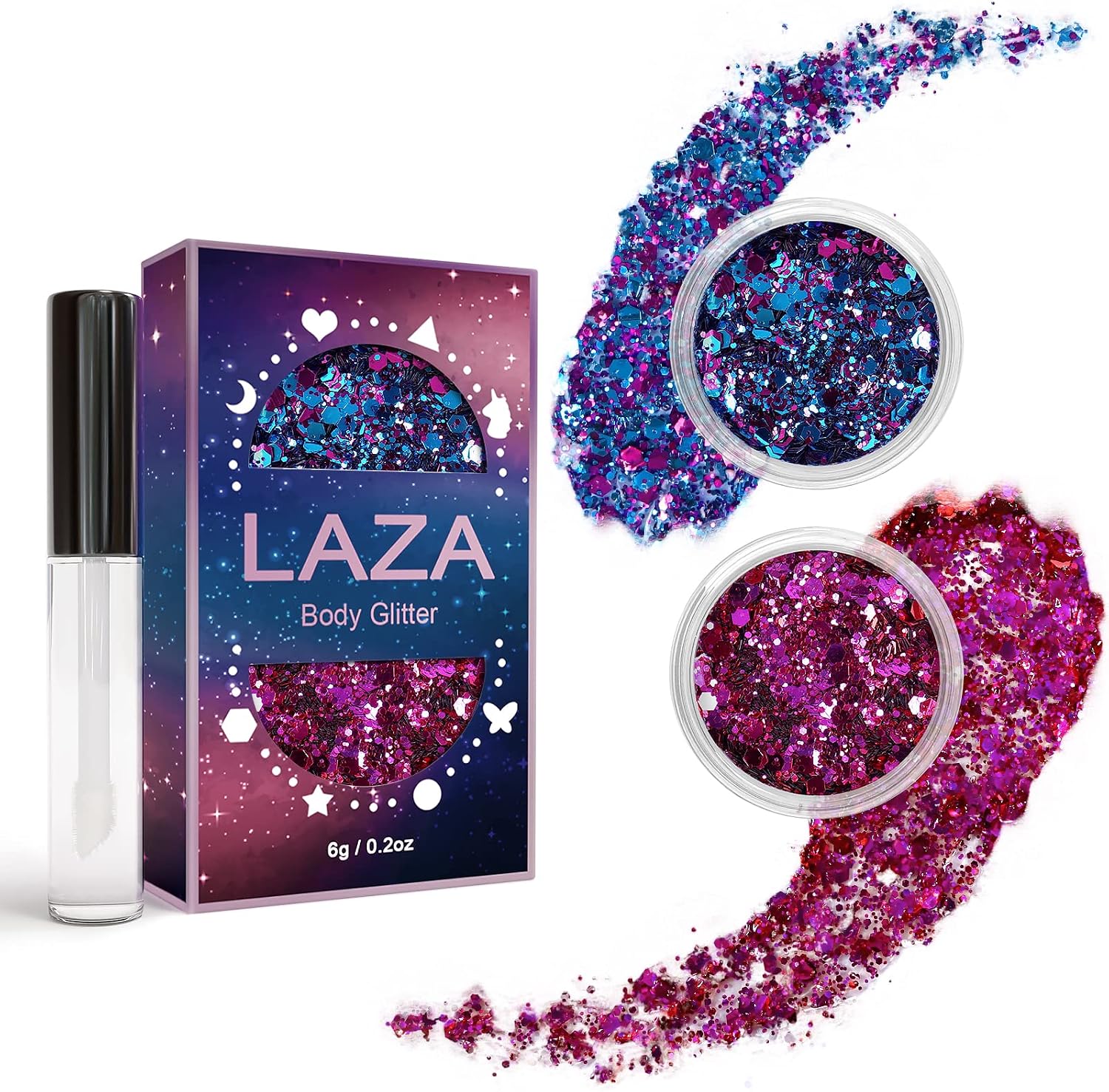 Laza Body Glitter, 2 Jars Iridescent Chunky Sequins with Glitter Glue Perfect for Women Eyeshadow Makeup Face Paint Festival Rave outfits Hair Accessorie Carnival Party Costumes - Brilliant Purple Red