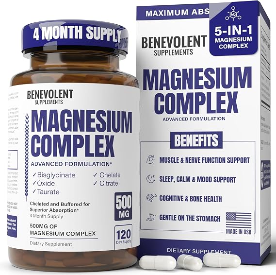 Benevolent 5-in-1 Magnesium Complex Premium Supplement 500mg 120 Capsules | High Absorption Formula for Sleep & Muscle Health Chelated Buffered Citrate to Support Digestion, Bone, Sleep & Relaxation
