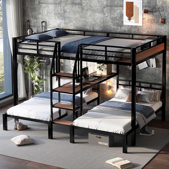 Metal Bunk Bed,Triple Metal bunk Bed with Storage Shelves and Storage Stairs,for Kids Girls Boys Bedroom Use (Black/Queen, Queen Over Twin Over Twin)
