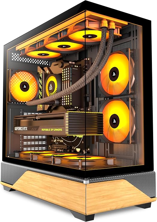 ATX Mid Tower PC Gaming Case - Wood Walnut front - Tempered Glass side panel - 5 PWM ARGB fans included - Type C USB - Gaming Desktop Computer Case