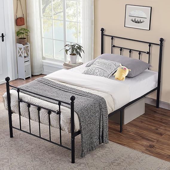 VECELO Twin Size Bed Frame Metal Platform Mattress Foundation with Headboard & Footboard/Easy Assemble, Black (KHD-LT-T01)