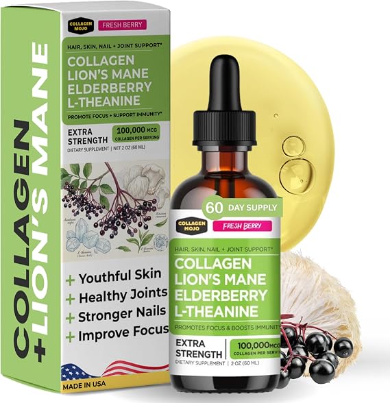 Liquid Collagen Peptides with Lion's Mane for Women, Focus & Brain Support | Hair, Skin, Nails & Joints. Focus, Memory & Brain Health. L-Theanine. Berry Flavor, 2 Oz. Third-Party Tested. Made in USA.