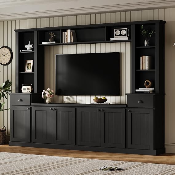 Merax Minimalist 103" Entertainment Wall Unit Set with Overhead Bridge for TVs Up to 75", Modern Large Media Console with Adjustable Shelves, Ample Storage Cabinets & Drawers for Living Room, Black