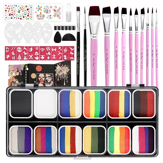 Professional Face Painting Kit for Kids Adults-12*10g Non Toxic Water Activated Face Paint Kit With Brushes,Stencils,Gem Stickers;Halloween,Carnival;Water Based Facepaint Makeup Kit for Kids Party