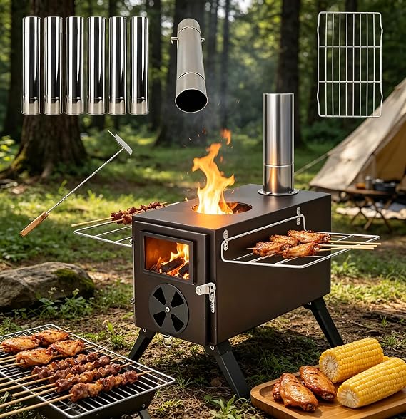 Portable Hot Tent Stove, Light Weight Camp Wood Stove, Carbon Steel Camping Wood Stove Tent Heater for Ice Fishing, Hunting