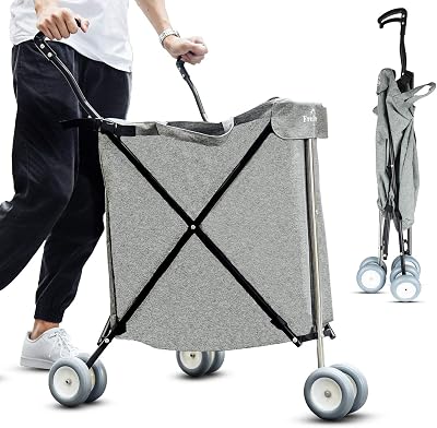 Utility Shopping Cart with Wheels - Collapsible Push Folding Grocery Wagon Trolley 丨 Laundry Trolley Carrier with Heavy Duty Flexible Fashion Design Grey