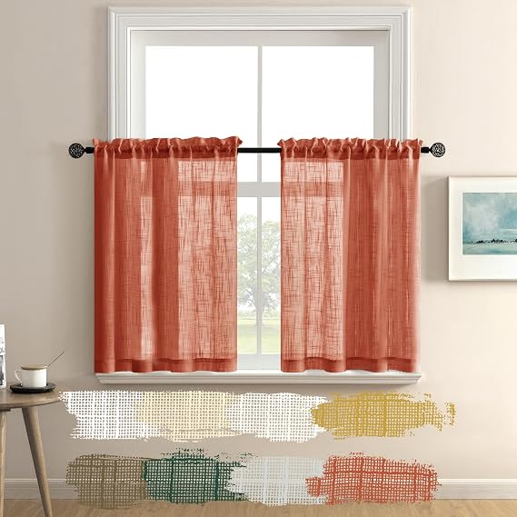 XTMYI Pumpkin Color Fall Decor for Kitchen Home Boho Sheer Burnt Orange Curtains for Bedroom Bathroom Window 24 Inch Length