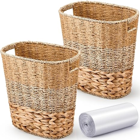 Ziliny 2 Pcs Wicker Trash Can with 50 Tarsh Bags, Classic Style, Mix Color