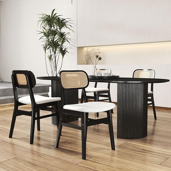 ROCITY Set of 4 Black Rattan Dining Chairs with Lambswool Natural Wood Dining Chairs Farmhouse Style Bohemian Kitchen Chairs