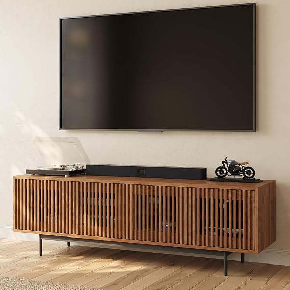 POVISON Mid-Century Modern TV Stand with Slatted Doors, Fully Assembled 70.87" Wood Media Console, TV Console with Tall-cast Metal Legs, Entertainment Center with Storage for Living Room