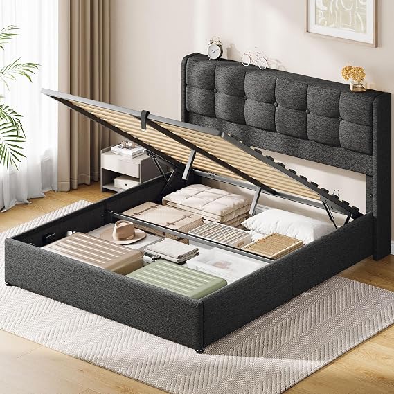 Lift Up Queen Size Bed Frame with Storage & Wingback Headboard