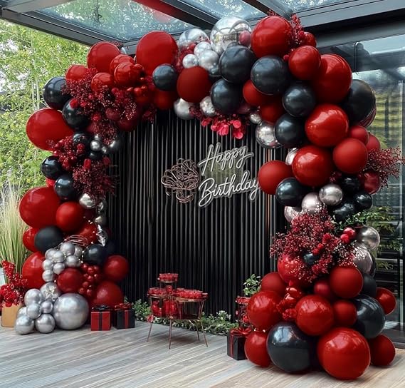 Red Black Balloon Arch, Double Stuffed Dark Ruby Red Black Silver Balloon Garland Kit Burgundy Maroon Balloons for Birthday Wedding Valentines Day Baby Shower Engagement Graduation Party Decor