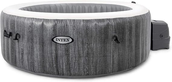 Intex PureSpa Greywood Deluxe 85" x 25" Outdoor Portable Inflatable 6 Person Round Hot Tub Spa with Bubble Jets, Hardwater Treatment, Filter and Cover