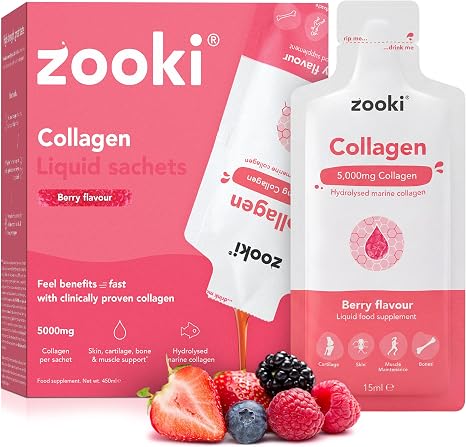 yourZooki Zooki Marine Liquid Collagen Bag Hydrolysed Marine Collagen Peptides Support Skin Hair Nails Joints and Muscles (Mixed Berries) (15 ml Pack of 14)