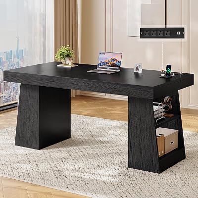 55.9 in Executive Desk with Power Outlets, Modern Home Office Desk with Storage Shelves, Wood Computer Desk Business Workstation Desk Conference Table, Black Storage Shelves