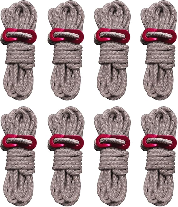 Smithok 8 Pack High-Reflective Guy Lines 4mm Tent Cords High-Strength Lightweight Camp Ropes with Aluminum Adjuster Tensioner for Tent, Tying Down Tarps, Camping, Outdoor Packaging (Khaki)