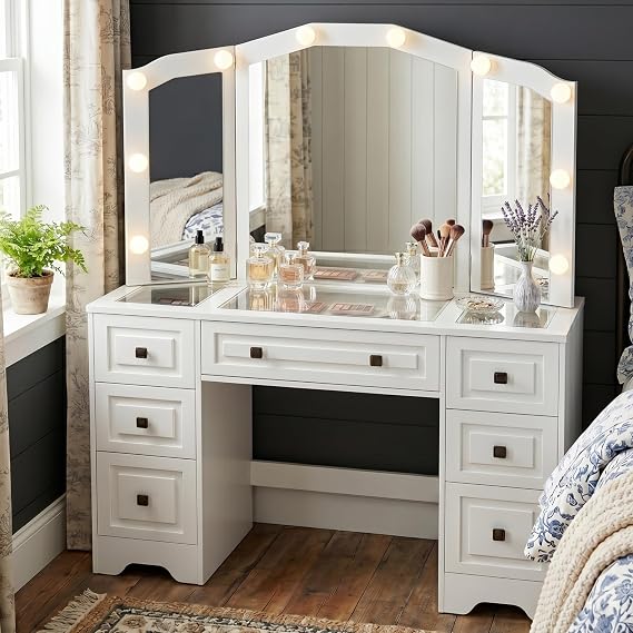 FUSUNBAO White Lighted Vanity Desk, Tri-Fold Mirror, 5 Drawers, Outlets | Retro Dressing Table with Lights, 5-Drawer Vanity Desk for Women & Girls, Vintage with Glass Top,Hair dryer holder