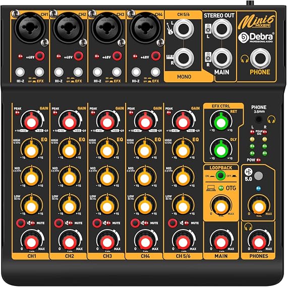 Audio Mixer D Debra Audio Mini6 Portable 6-Channel DJ Mixer Console, Sound Mixing Board with USB Bluetooth 48V Phantom Power, Audio Console for Live Wedding Party Recording Broadcast (Mini6)