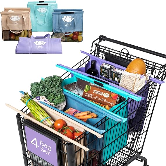 Lotus Original Trolley Reusable Shopping Bags (4-Pack) Detachable & Reusable Grocery Bags Foldable with Insulated Grocery Bag & Egg/Wine Holder Washable Shopping Totes to Save Time & Easy Storage