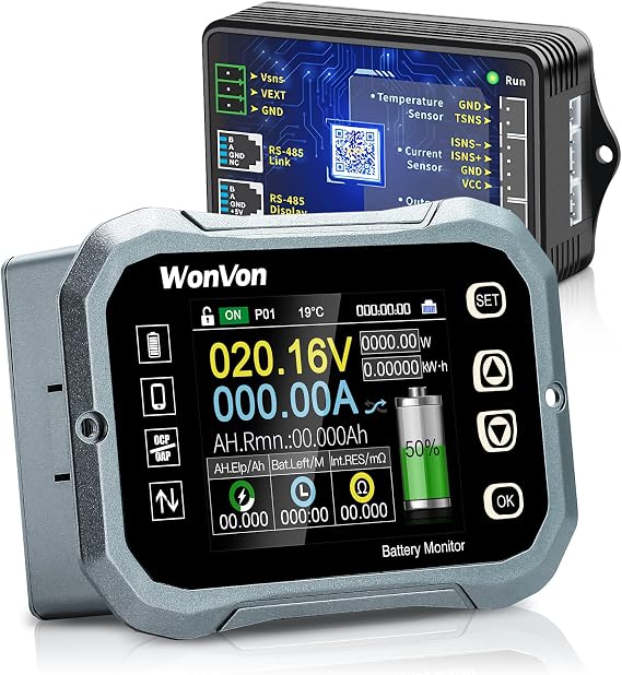 WonVon Battery Monitor with Shunt, 600A 0V-120V Battery Monitor for RV, Motorcycle, Golf Cart, Solar Panel, LCD Screen, Capacity Percentage Time Power Voltmeter Display, High/Low Voltage Support