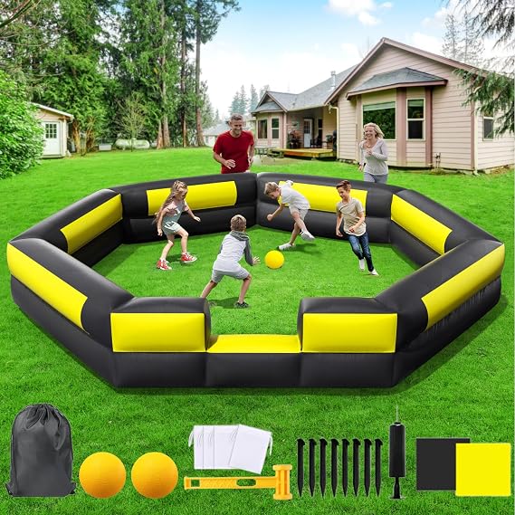 Inflatable Gaga Ball Pit, Portable Gaga Ball Pit for Indoor Outdoor Game, Backyard, Park, School, Camp, Home | Gaga Pit with Built-in Blower, Gaga Ball, Carry Bag, Sandbags etc (Black+Yellow, 15FT)