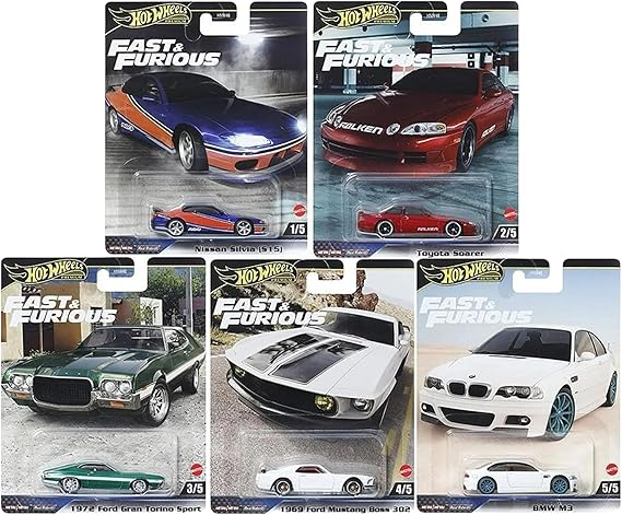 Hot Wheels 2024 Fast & Furious Premium Die‑Cast 5‑Pack (Mix 2, HNW46‑956F) | Nissan Silvia S15, Toyota Soarer, Ford Gran Torino, Mustang Boss 302 & BMW M3