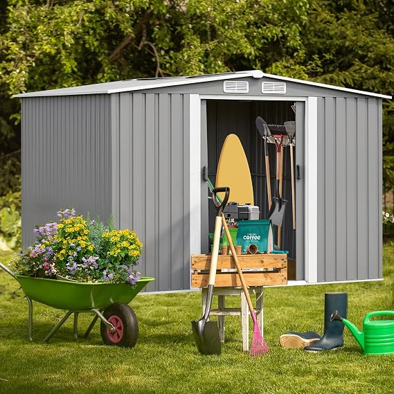 Panana Metal Garden Shed Storage Sheds Heavy Duty Outdoor FREE Base Foundation Green/Grey Color (10x8 Grey)