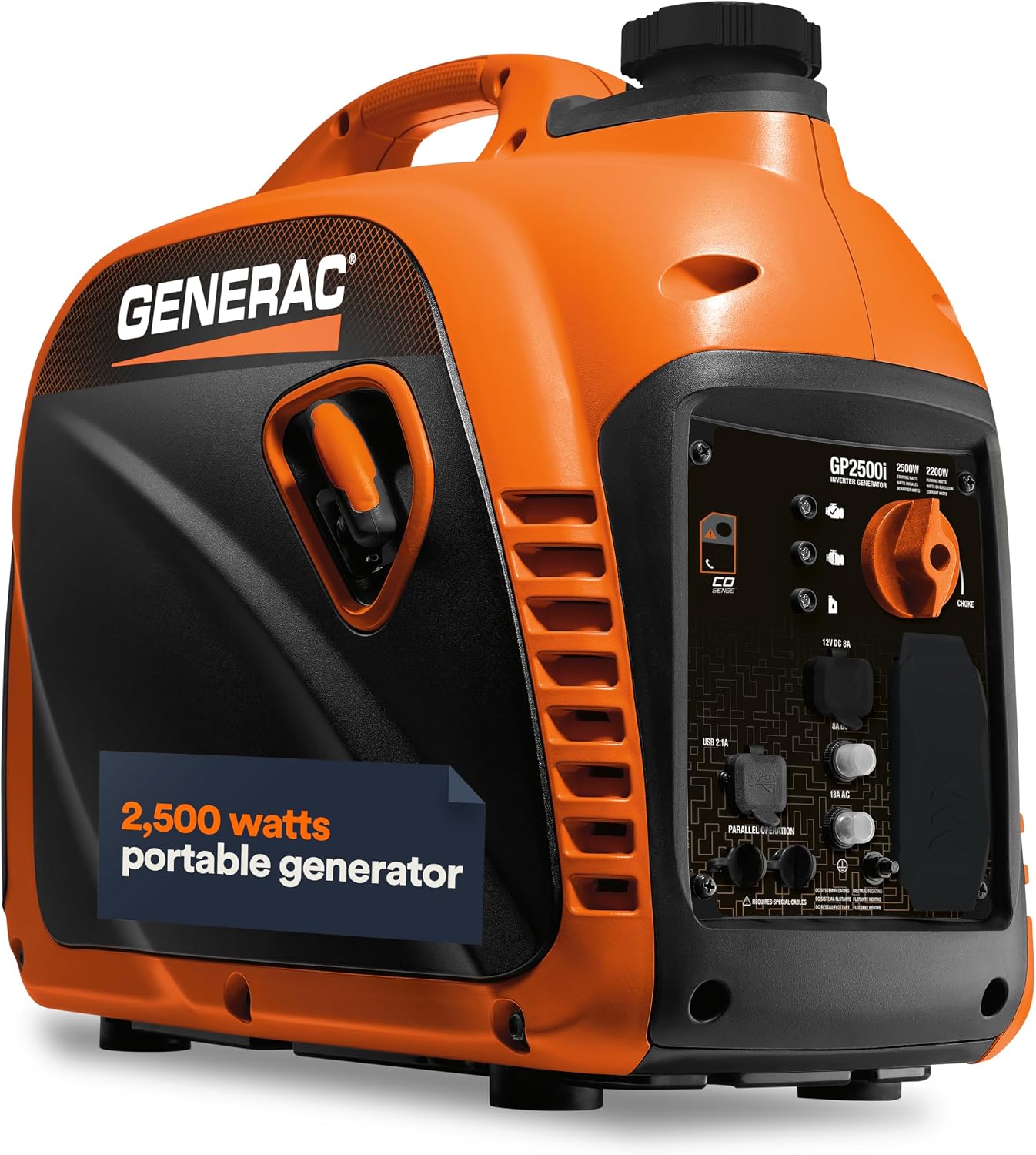 Generac 8251 GP2500i 2,500 Watt Gas Portable Inverter Generator, Compact and Lightweight Design, Produces Clean and Stable Energy, COsense Technology