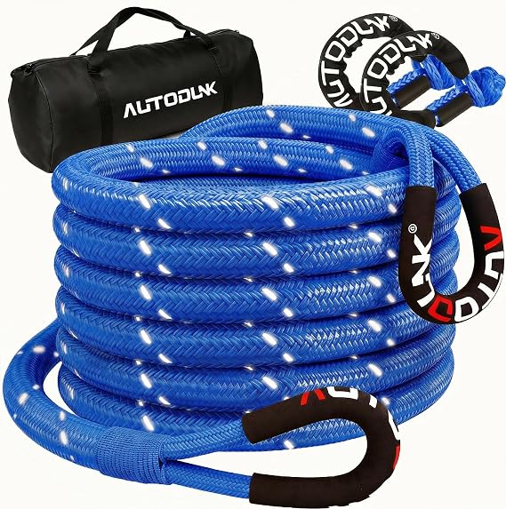 1-1/8" x 30' Kinetic Recovery Tow Rope (48,600lbs Reflective), with 2 Soft Shackles Offroad Recovery Kit for 4WD Pick Up Truck, SUV, ATV, UTV (Blue)
