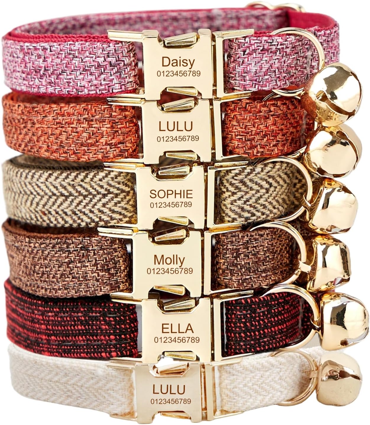 Personalized Cat Collar – Custom Engraved Name & Phone Number, Soft Adjustable Fabric, Secure Metal Buckle (Tweed)
