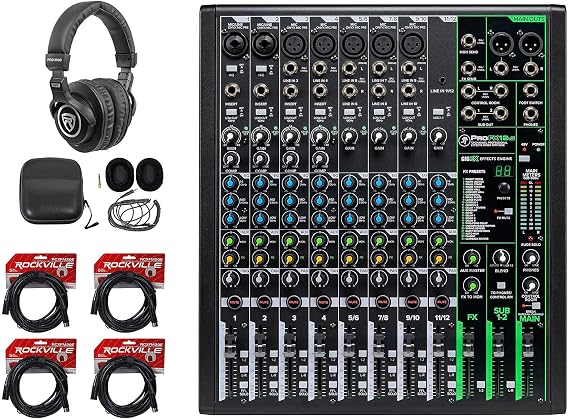 Mackie ProFX12v3 12-Channel Professional Effects Mixer w/USB ProFX12 v3 Bundle with Rockville PRO-M50 Studio Headphones and RCXFM20E-B 20 Foot Female to Male XLR Mic (6 Items)