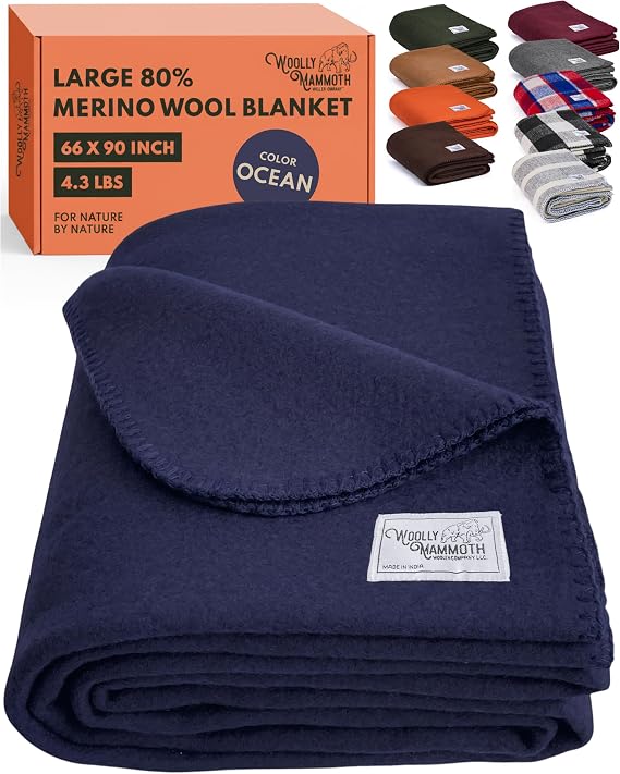 Woolly Mammoth Merino Wool Blanket, Fall Camping Blanket, 66"x90" Ocean