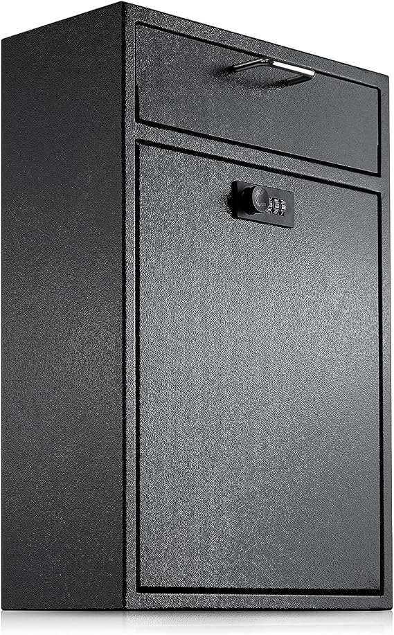 Wall Mounted Drop Box with Combination Lock, Heavy Duty Steel Mailbox | Extra Large Secure Deposit Box for Cash, Keys, Rent, Checks & Mail, Anti-Fishing Design, Indoor & Outdoor Use, Black