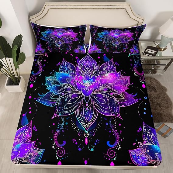 Exotic Lotus Fitted Sheet Bohemian Psychedelic Flowers Twin Bed Sheets for Girls,Sheets Mandala Floral Bedding Set,Purple Blue Boho Decor