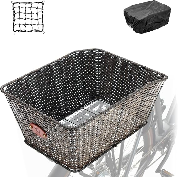 PIREKZUNT Bike Basket Rear, 16"X11.4"X7.4" Natural Rattan Beach Cruiser Bike Rear Basket with Waterproof Cover,Cargo Net, Handmade Woven Rectangular Bicycle Rear Basket for Women's and Mens Cruiser