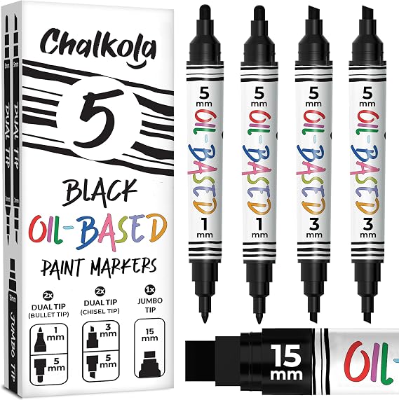 Chalkola 5 Black Oil Based Paint Markers Pen for Metal, Wood, Glass, Fabric | 4 Dual Tip, 15mm Jumbo - Oil Paint Pens for Rocks, Automotive Tire, Furniture Touch Up, Plastic - Waterproof & Permanent