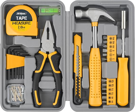 Hi-Spec Small Tool Kit Compact Set for Home and Office DIY, 25-Piece Yellow Mini Tool Box for Basic Household Repairs, Starter Toolkit in a Portable Toolbox Case.