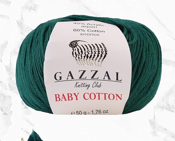 GAZZAL 4 Ball (Skein) Gazzal Baby Cotton, 60 percent Cotton Each 1.76 Oz (50g) 150 Yrds (165m) Soft, 2 - Fine Baby Yarn, Soft and Popular (3467 - Dark Green)