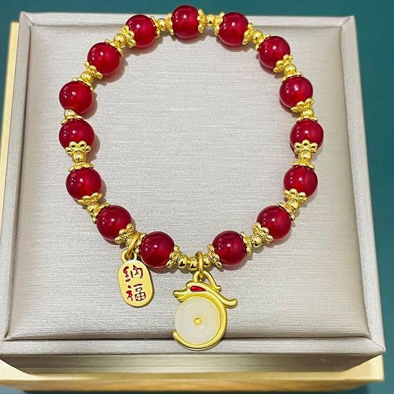 Mnyixsi Jade Bracelet Feng Shui Bracelet for Women 18k Gold Plated Brass Dragon Pendant Mala Beads Good Luck Friendship Bracelets Beads Stretchable Protect Your Spirit Bracelet Red