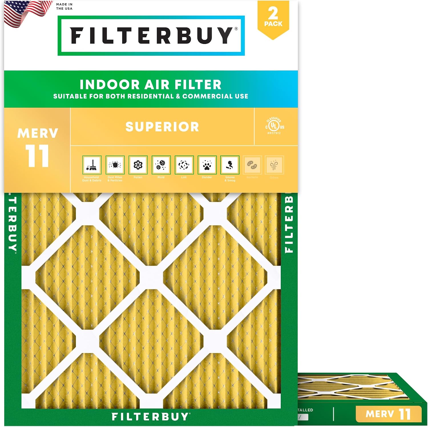 Filterbuy 16.5x21x1 Air Filter MERV 11 MPR 1200 Allergen Defense Replacement 2-Pack, Electrostatic Pleated HVAC AC Furnace Filters, Made in USA Actual Size: 16.50 x 20.50 x 0.75