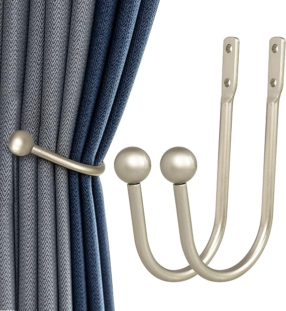 Curtain Holdback, 2 Pcs Wall Mounted Drapery Tiebacks with Screws, Silver | Heavy Duty Metal Decorative Window Drapery Holder Curtain Hook