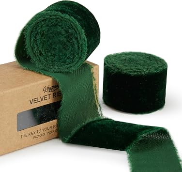 Keypan Green Velvet Ribbon for Gift Wrapping - 1 1/2 inch Wide Handmade Fringe Fabric Ribbons for Christmas Decorations, Baby Shower, Flower Bouquet