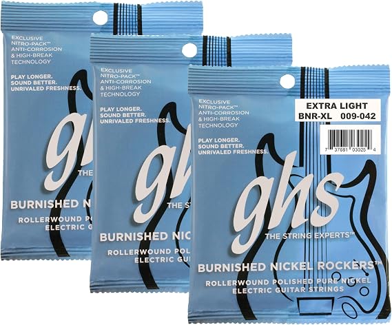 GHS Strings - Burnished Nickel Rockers - Electric Guitar Strings - Pure Nickel - Polished Smooth Feel & Warm Vintage Tone - Retro Rock & Blues Sound - Extra Light Gauge - BNR-XL SET - 9-42 - 3 PACK