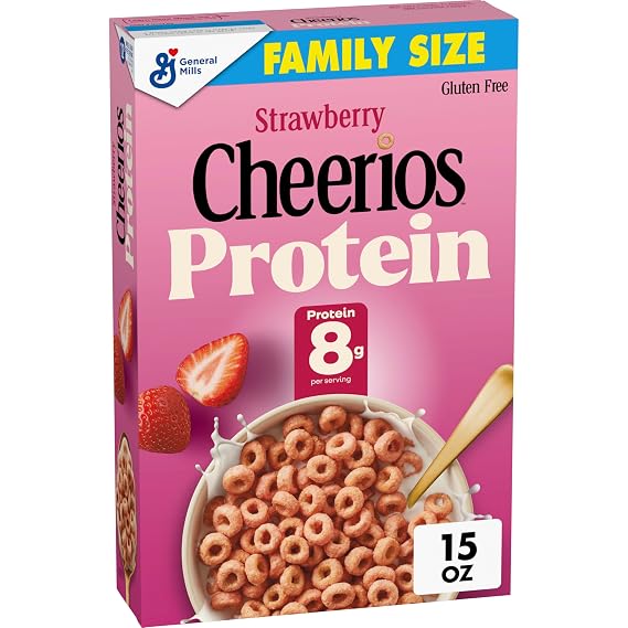 Cheerios Protein Cereal, Strawberry, 8g Protein, Family Size, 15 oz | Oat & Pea Protein Blend, Gluten Free, 12g Whole Grain, No Artificial Flavors or Colors